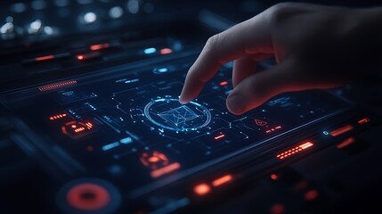 A futuristic interface featuring a glowing control panel with a hand interacting with holographic elements and light patterns.