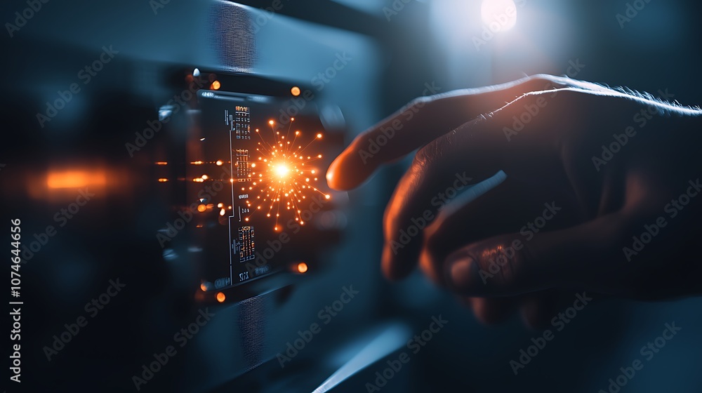Poster A hand reaches towards a glowing interface, representing technology and innovation in a futuristic environment.