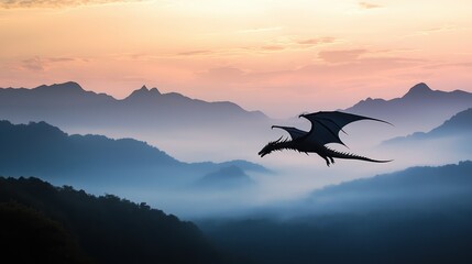 Fototapeta premium Majestic dragon silhouette gliding over misty mountain landscape at sunset