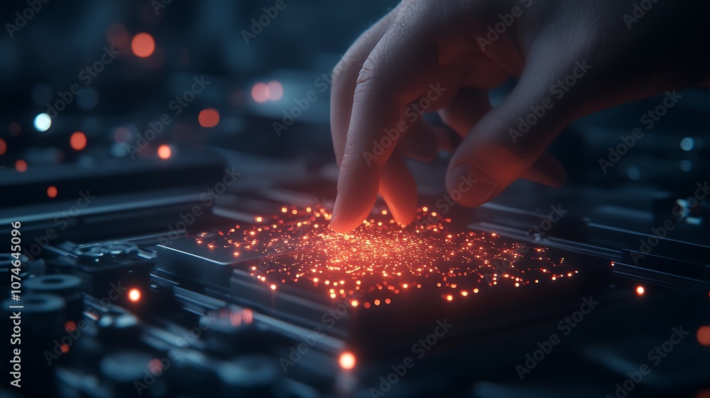 Fototapete a close-up of a hand touching a glowing circuit board, symbolizing technology, innovation, and inter