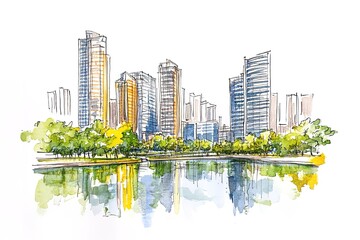 Obraz premium Building view with landmark of Curitiba is the capital of the southern Brazilian state of Parana. Watercolor splash with Hand drawn sketch illustration in vector. 