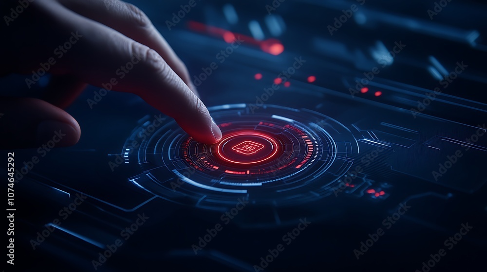 Aufkleber a futuristic hand touches a glowing, circular interface, illuminated by blue and red lights, suggest