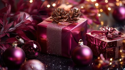 Rich red holiday gifts with pinecones and baubles