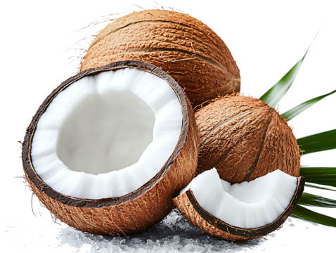 Beautiful Delicious full and half coconuts cut out with isolated on white transparent background [PNG]. 