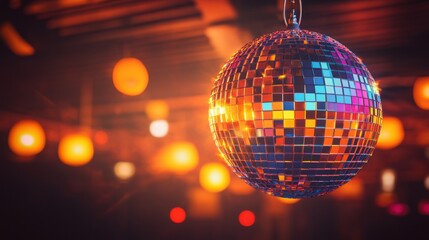 Obraz premium A vibrant disco ball reflecting colorful lights in a lively bar setting, creating a festive atmosphere.