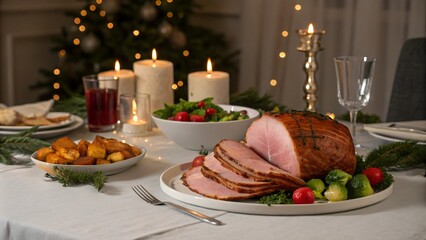 Christmas dinner table with ham and holiday decor