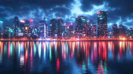 Fototapeta premium Vibrant city skyline at night, reflecting colorful lights on the water surface.