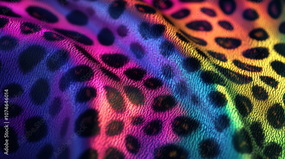 Poster vibrant rainbow leopard print fabric with soft texture, creating a lively and playful atmosphere.