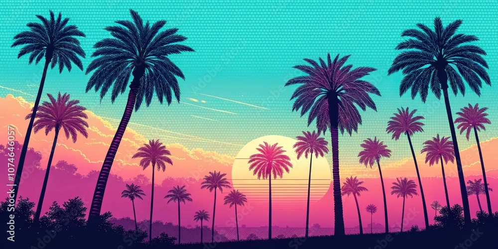 Poster retro vibes tall pixelated palm trees glowing in electric cyan and magenta sway gently in a digital 