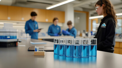Scientists conducting experiments with beakers and test tubes in a lab, blurred figures in the background engaged in research.