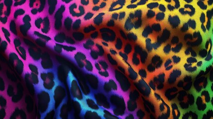 A vibrant, multicolored leopard print fabric with rich, silky textures and bold hues of pink, orange, and blue.