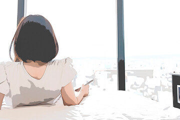 窓辺でくつろぐ女性の後ろ姿　2