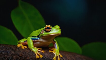 Obraz premium vibrant green tree frog resting on a leaf in a tropical rainforest