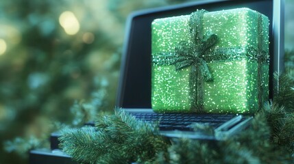 Green gift box on laptop among digital pine needles