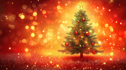 Festive Christmas tree with sparkling bokeh lights and ornaments on vibrant red background