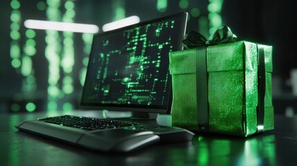 Desktop computer with green-themed festive gift box