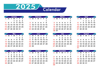 Calendar 2025 vector illustration, Calendar date planner 2025 Editable design.