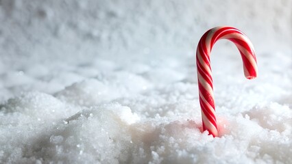 Single candy cane standing in snowy ground