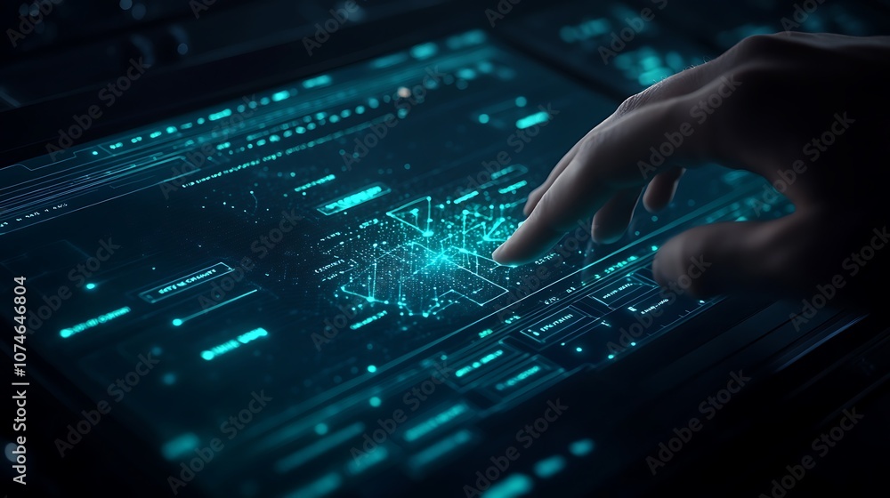 Poster a hand interacts with a futuristic touchscreen interface displaying glowing data and digital pattern