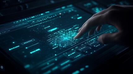 A hand interacts with a futuristic touchscreen interface displaying glowing data and digital patterns in a dark environment.