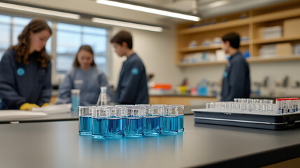 Scientists conducting experiments with beakers and test tubes in a lab, blurred figures in the background engaged in research.