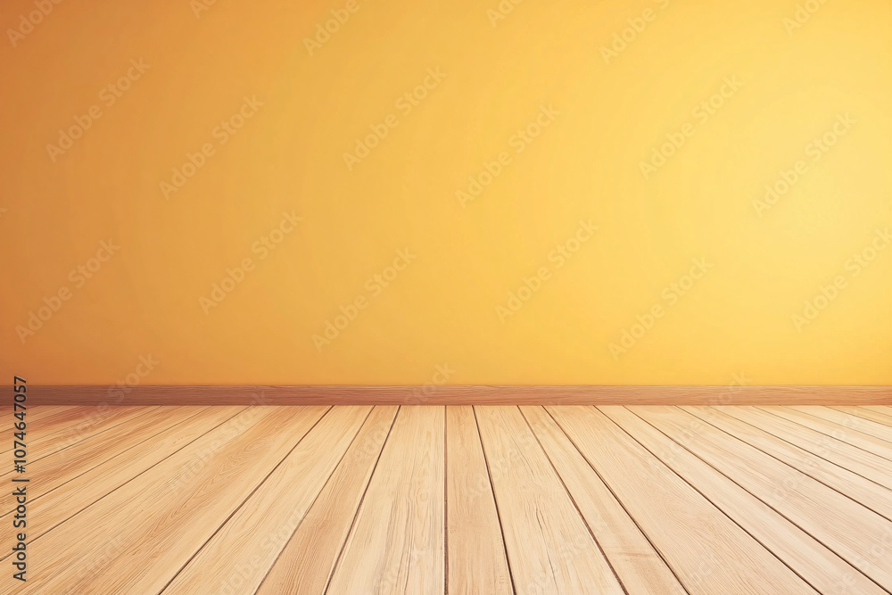 Poster a serene empty room with warm yellow walls and a smooth wooden floor creating a minimalist and invit
