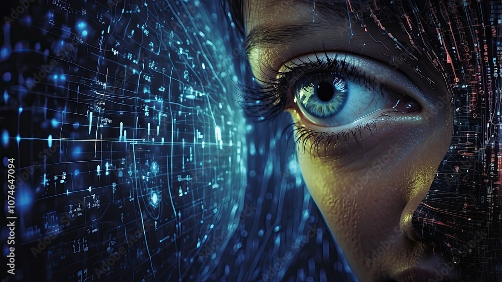 Aufkleber background of digital data and a hacker's eye, as well as network information patterns for a cyber s