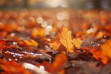 Orange fall leaves in park, autumn natural background. Neural network ai generated art