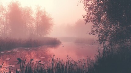 Fototapeta premium A single bird swims in a serene lake shrouded in mist, the pink sky reflecting on the water's surface.