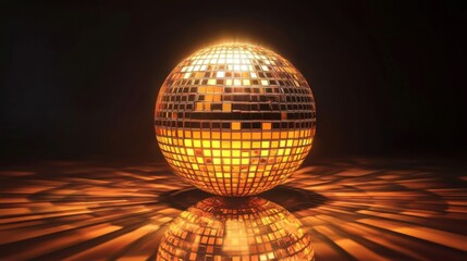 Obraz premium A shimmering golden disco ball reflecting vibrant light patterns against a dark backdrop.