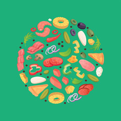 pizza ingredients. fresh natural food meat vegetables cheeses for preparing italian pizza. circle shape design