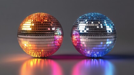 Obraz premium Two vibrant disco balls, one orange and one blue, reflecting colorful lights on a smooth surface.