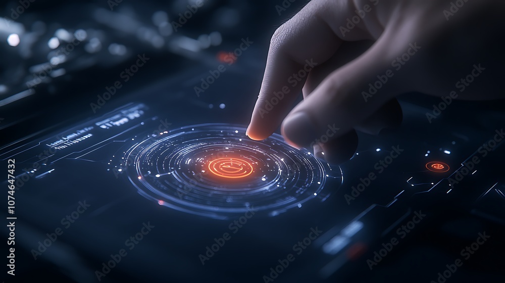Aufkleber A hand interacts with a futuristic touchscreen interface displaying glowing circular patterns and intricate designs.