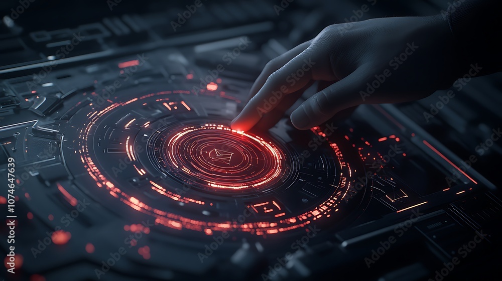 Aufkleber a hand touches a glowing, circular interface, surrounded by intricate patterns of light, suggesting 
