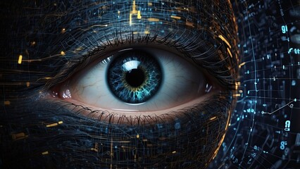  background of digital data and a hacker's eye, as well as network information patterns for a cyber security theme. AI, technology, the future, espionage, code, hacking, fraud,..