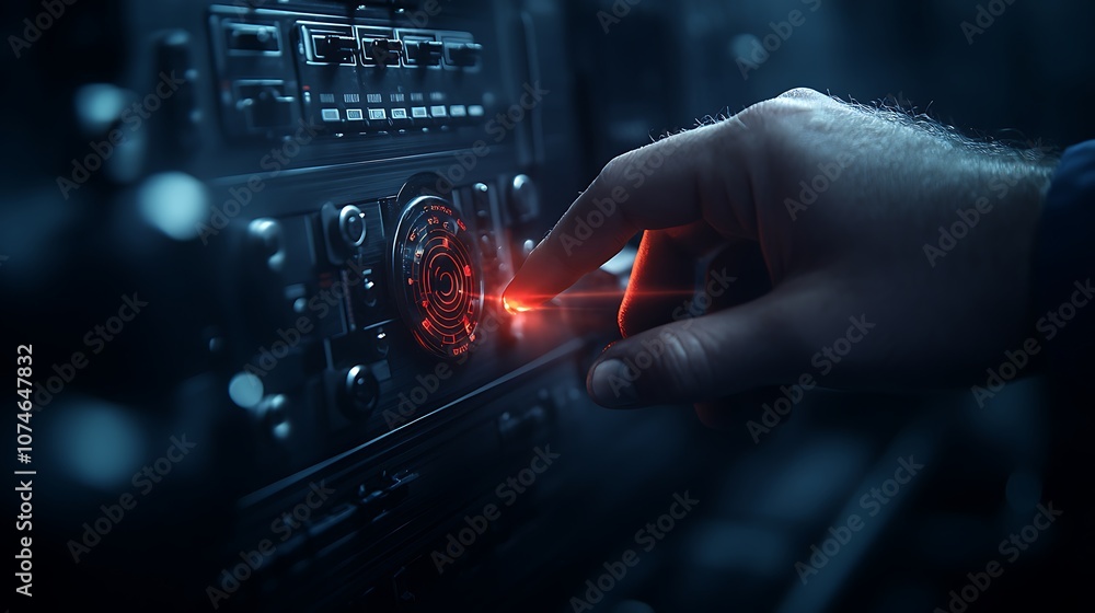 Poster a hand adjusts a control panel with glowing elements in a dimly lit environment, suggesting technolo