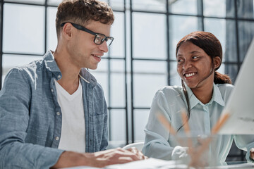 Fototapeta premium Office laptop, diversity and business people reading online report