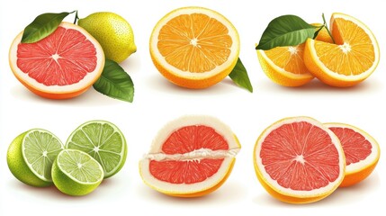 Obraz premium A vibrant display of citrus fruits including grapefruits, oranges, and limes showcasing their juicy textures.