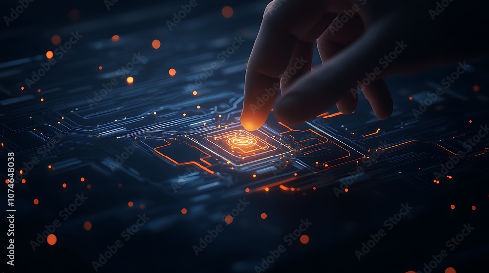 Poster a hand gently touches a glowing microchip on a dark, technological background, highlighting innovati
