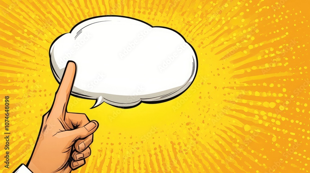 Poster a hand with a finger pointed up, pointing to a speech bubble with blank space for your text.