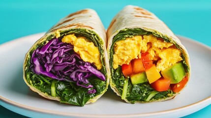 colorful wrap filled with scrambled eggs, spinach, bell peppers, purple cabbage, and sliced avocado, The wrap is cut in half, showcasing the rainbow of vibrant veggies inside