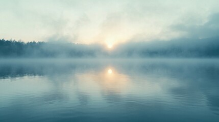 Ethereal Misty Dawn Reflections on a Peaceful Lake