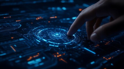 A hand interacts with a glowing digital interface, showcasing advanced technology and data visualization in a modern, futuristic setting.