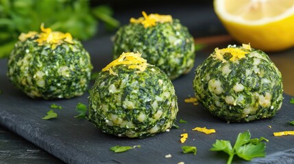 Closeup of four spinach and ricotta balls with lemon zest on a black slate platter.