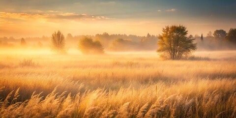 Golden Hour Mist Envelops A Field Of Tall Grass With A Single Tree Standing Proudly In The Foreground