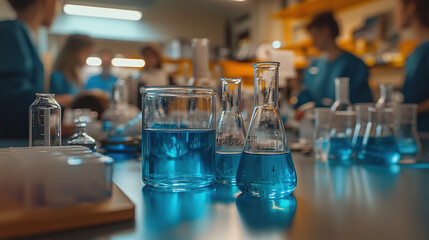 Scientists conducting experiments with beakers and test tubes in a lab, blurred figures in the background engaged in research.