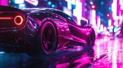 Neon City Nightscape with a Sleek Sports Car