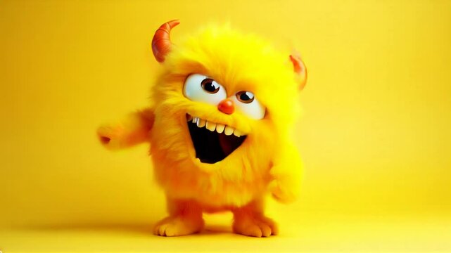 A cute, fluffy yellow monster with big eyes and tiny horns jumps joyfully against a matching yellow background. Its playful expression and vibrant color create a cheerful, fun atmosphere.