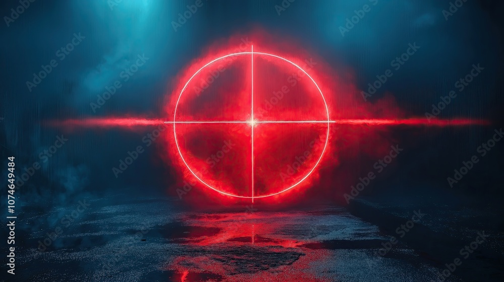Poster a bright red laser target symbol shines through thick fog on a dark surface, creating an intense atm