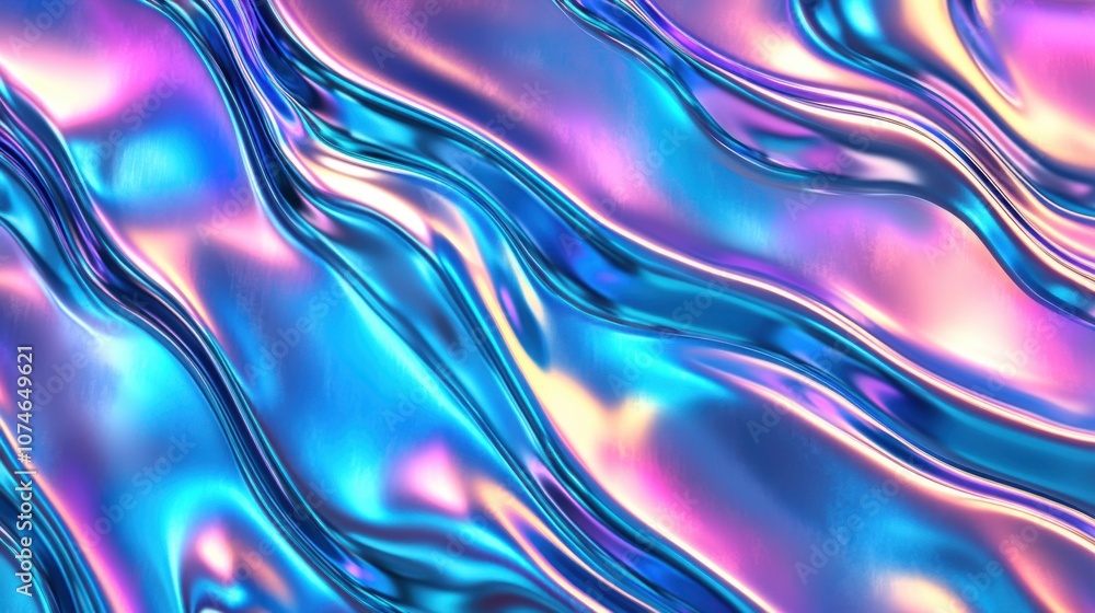 Poster a vibrant, flowing abstract pattern featuring iridescent blues and purples, creating a mesmerizing v